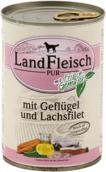 Landfleisch Dog mit Geflügel & Lachsfilet - 400g Dose