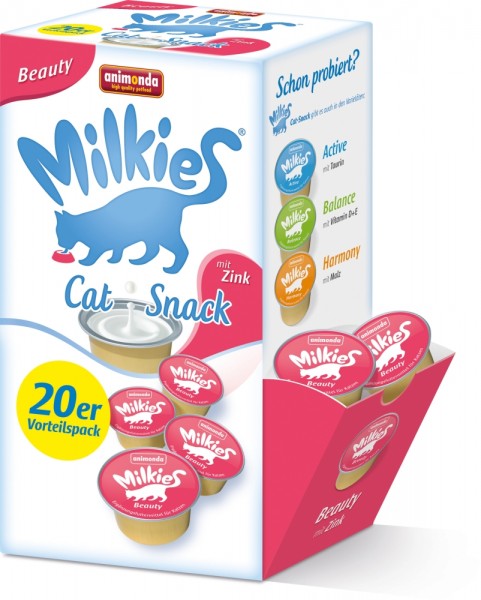Animonda Cat-Snack Milkies Beauty mit Zink - 20 x 15g Portions-Cup in Spenderbox