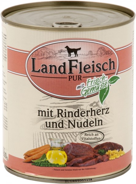 LandFleisch Dog Pur mit Rinderherzen & Nudeln, 800g Dose