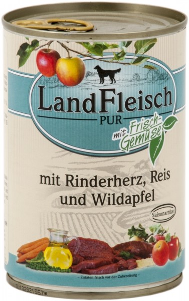 LandFleisch Dog Pur Rinderherz, Reis & Wildapfel mit Biogemüse, 400g Dose