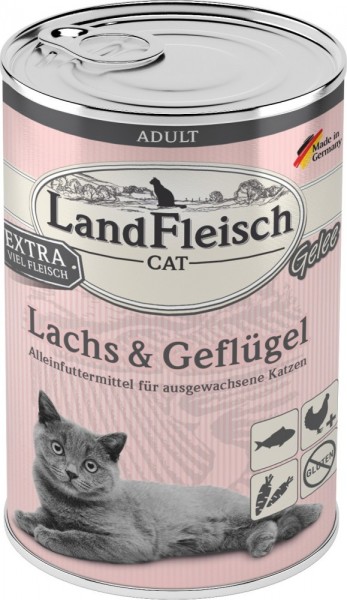 LandFleisch Cat Adult Gelee mit Lachs & Geflügel, 400g Dose